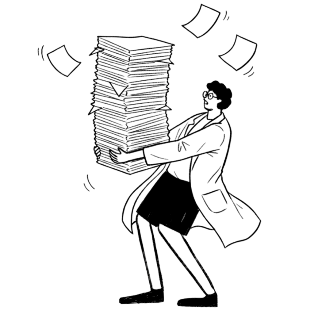 Person carrying a heavy stack of papers